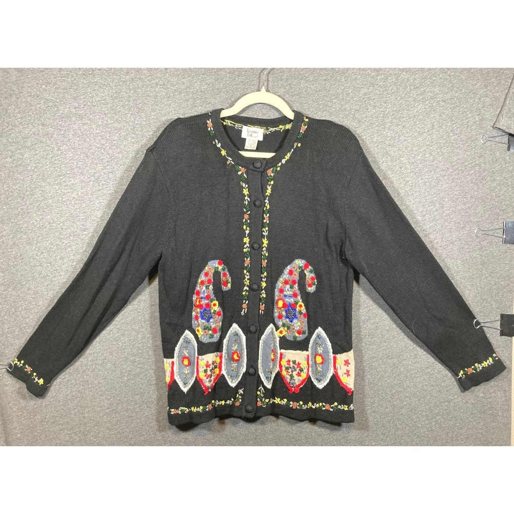 Bonnie and Bill by Holly Black Floral Embroidered Beaded Cardigan Sweater M